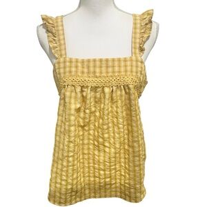 Mine Yellow Ruffle Sleeveless Babydoll Top Size Large Boho Gingham Summer Flirty